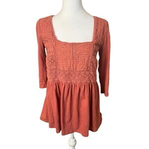 Meadow Rue Nosara Babydoll Peplum Peasant Top Pleated Bibbed‎ Eyelet Scallops SM
